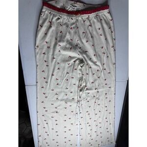 Love & Lazy Days Cherry Print Pajama‎ Pants Cream Red Lace Trim S
